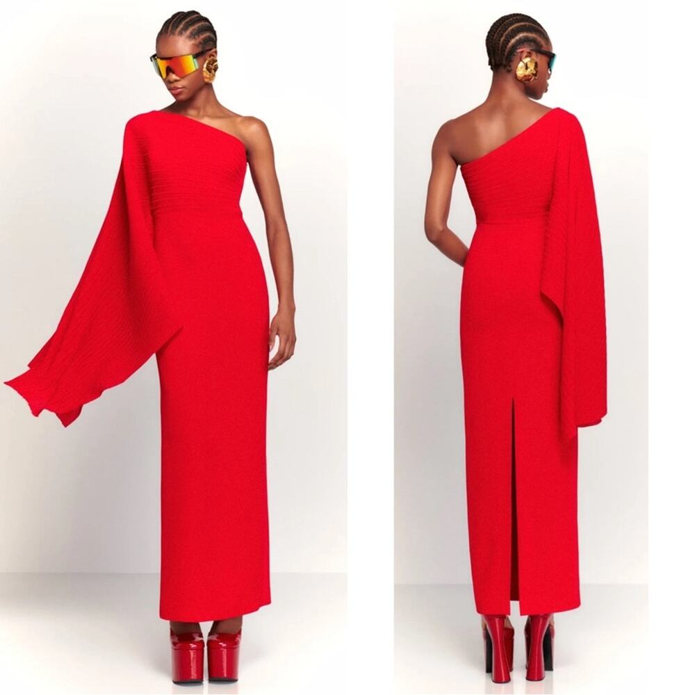 Solace London Red Lillia One Shoulder Pleated Maxi Dress Size 6